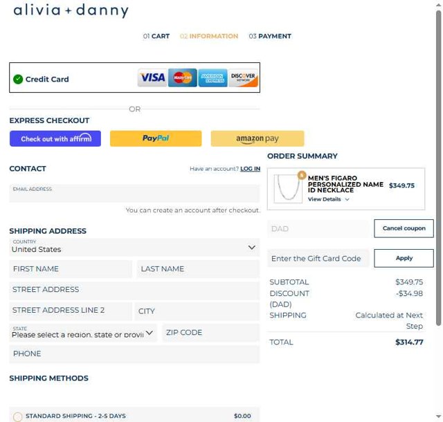 Alivia + Danny checkout page showing Alivia + Danny discount code box | Screenshot taken by SimplyCodes community member on Aug 25, 2025
