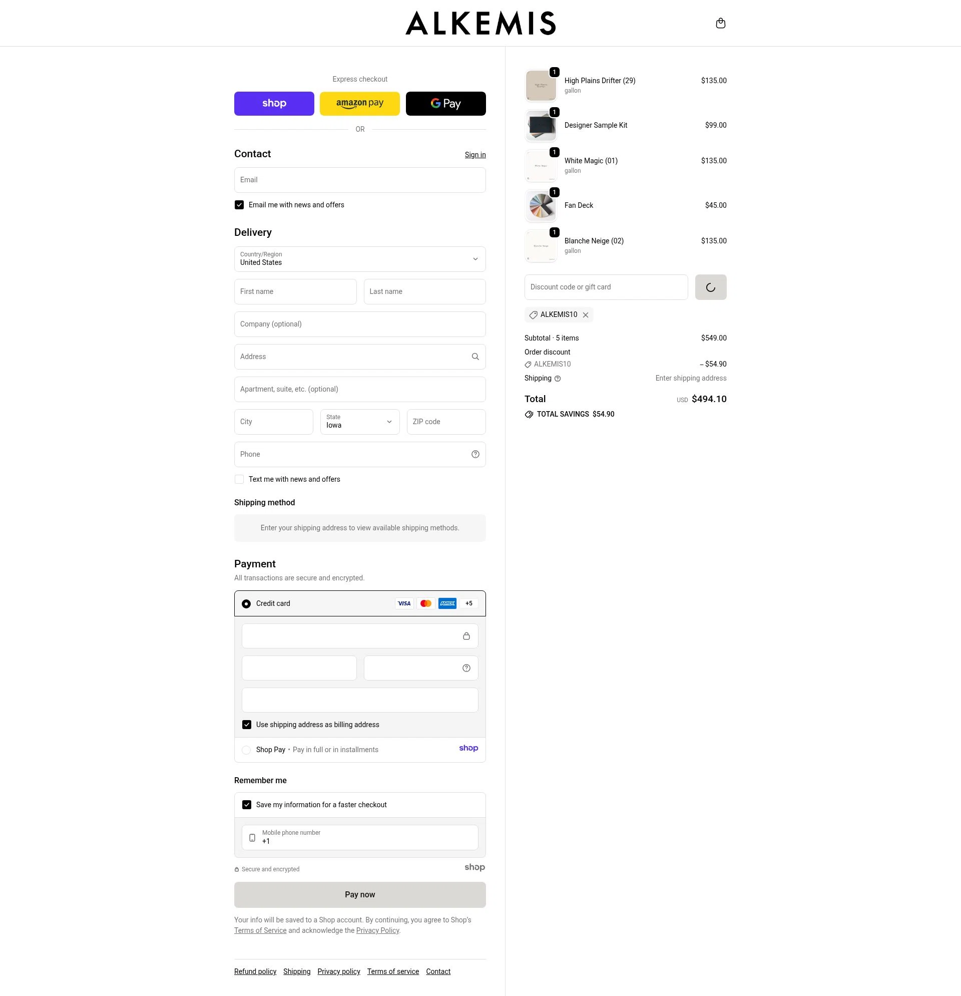 Alkemis Paint checkout page showing Alkemis Paint promo code box | Screenshot taken by SimplyCodes community member on Jan 3, 2026