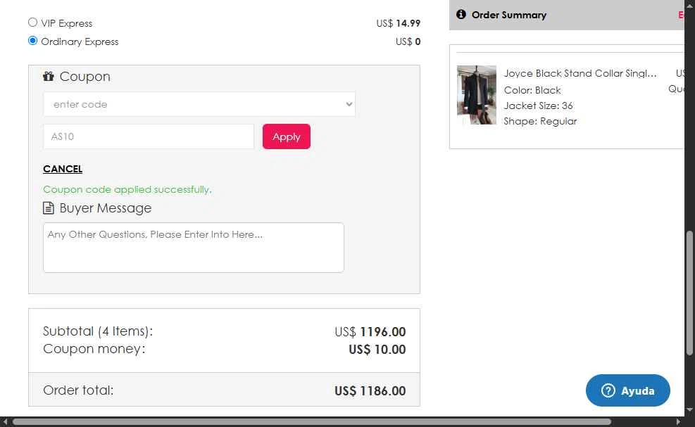 AllAboutSuit checkout page showing AllAboutSuit promo code box | Screenshot taken by SimplyCodes community member on May 7, 2025