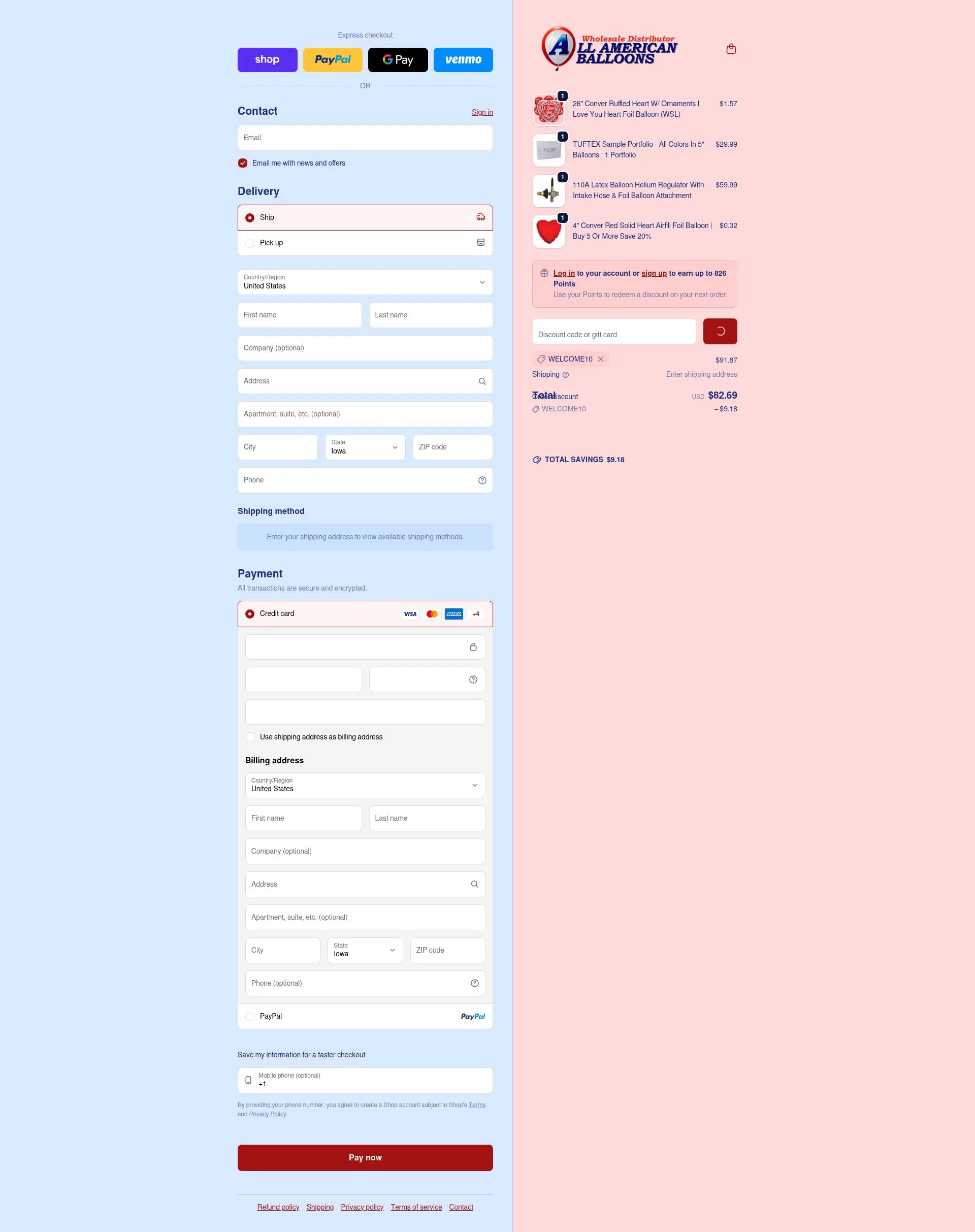 All American Balloons checkout page showing All American Balloons discount code box | Screenshot taken by SimplyCodes community member on Feb 1, 2026