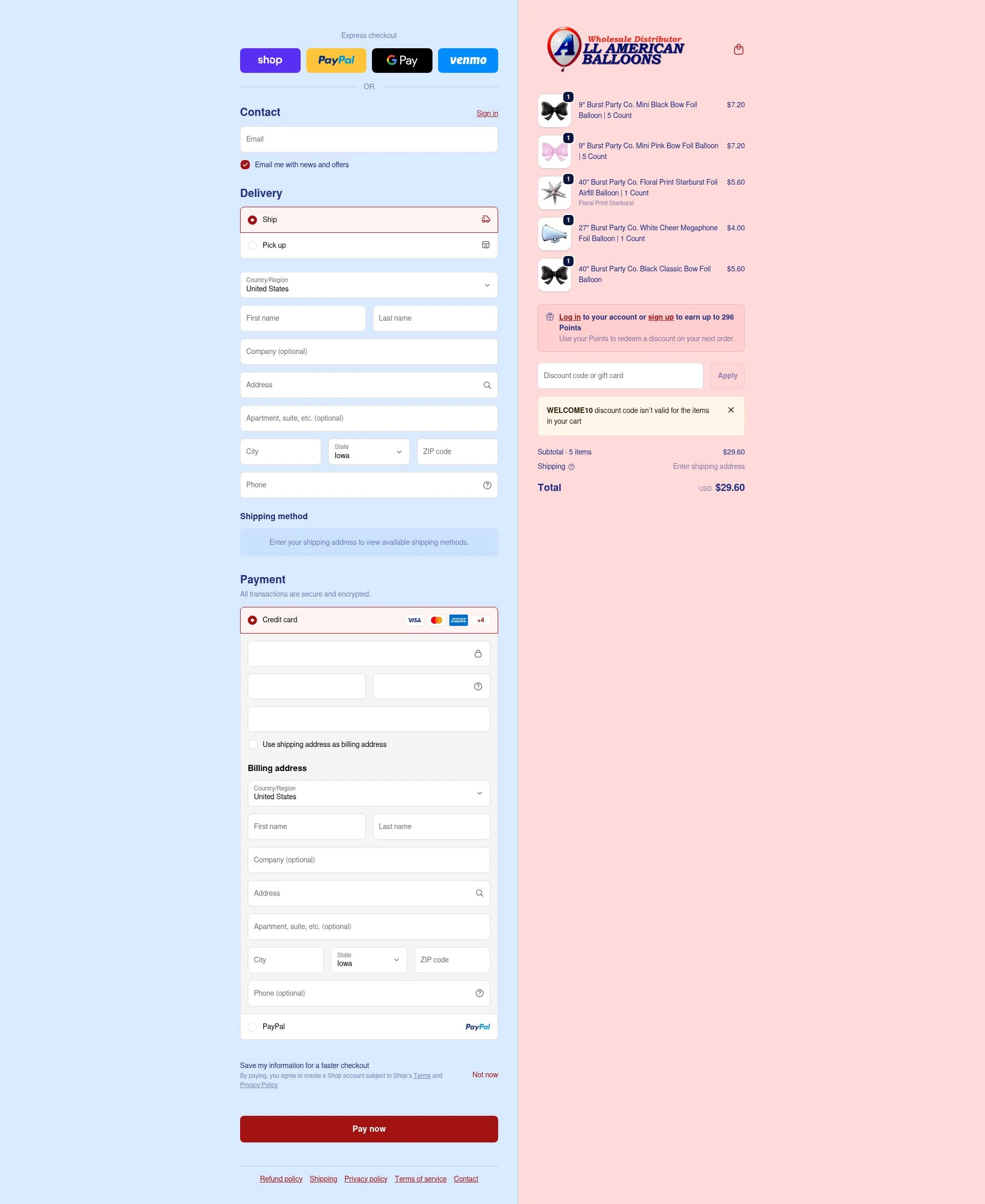 All American Balloons checkout page showing All American Balloons discount code box | Screenshot taken by SimplyCodes community member on Feb 14, 2026