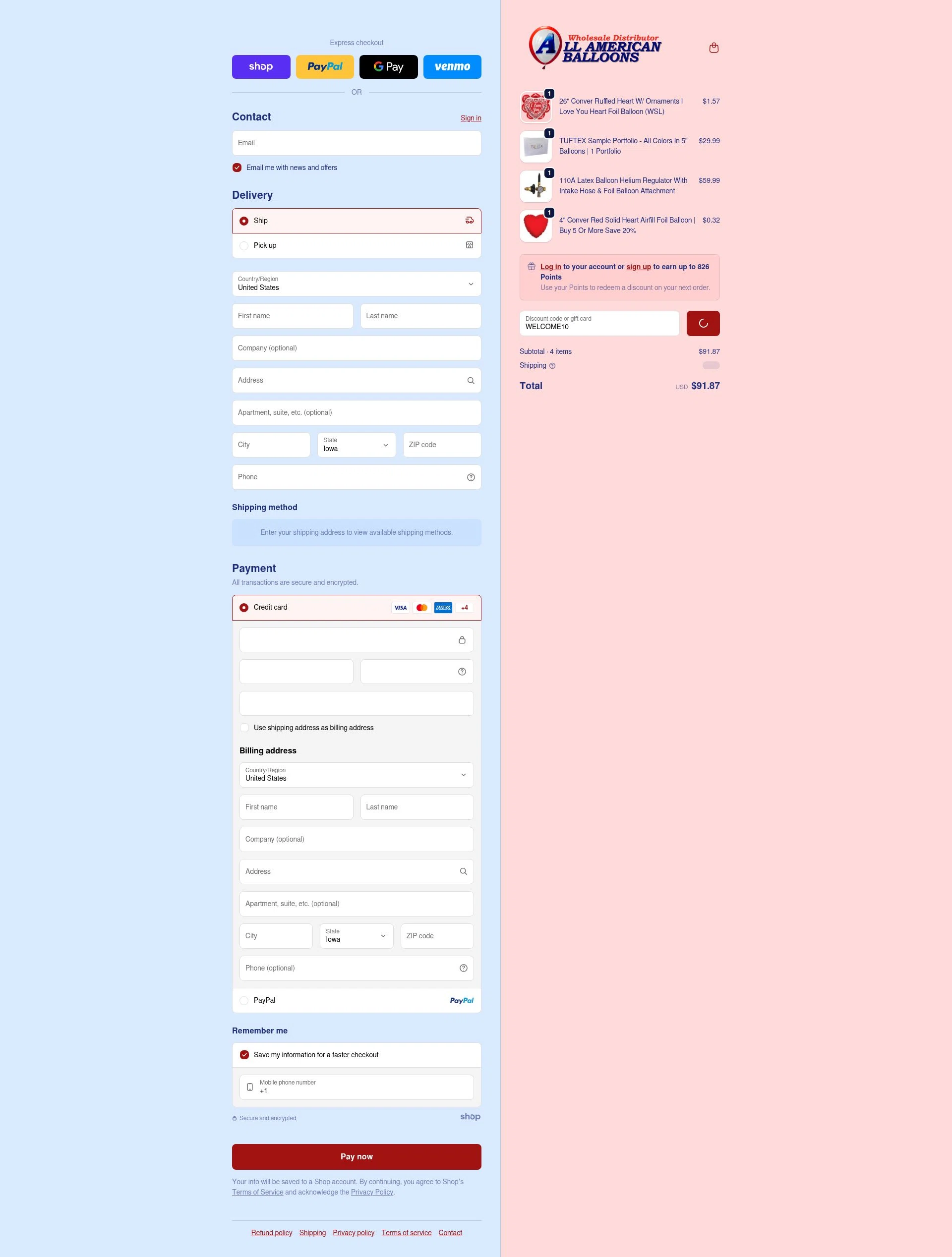 All American Balloons checkout page showing All American Balloons discount code box | Screenshot taken by SimplyCodes community member on Jan 28, 2026