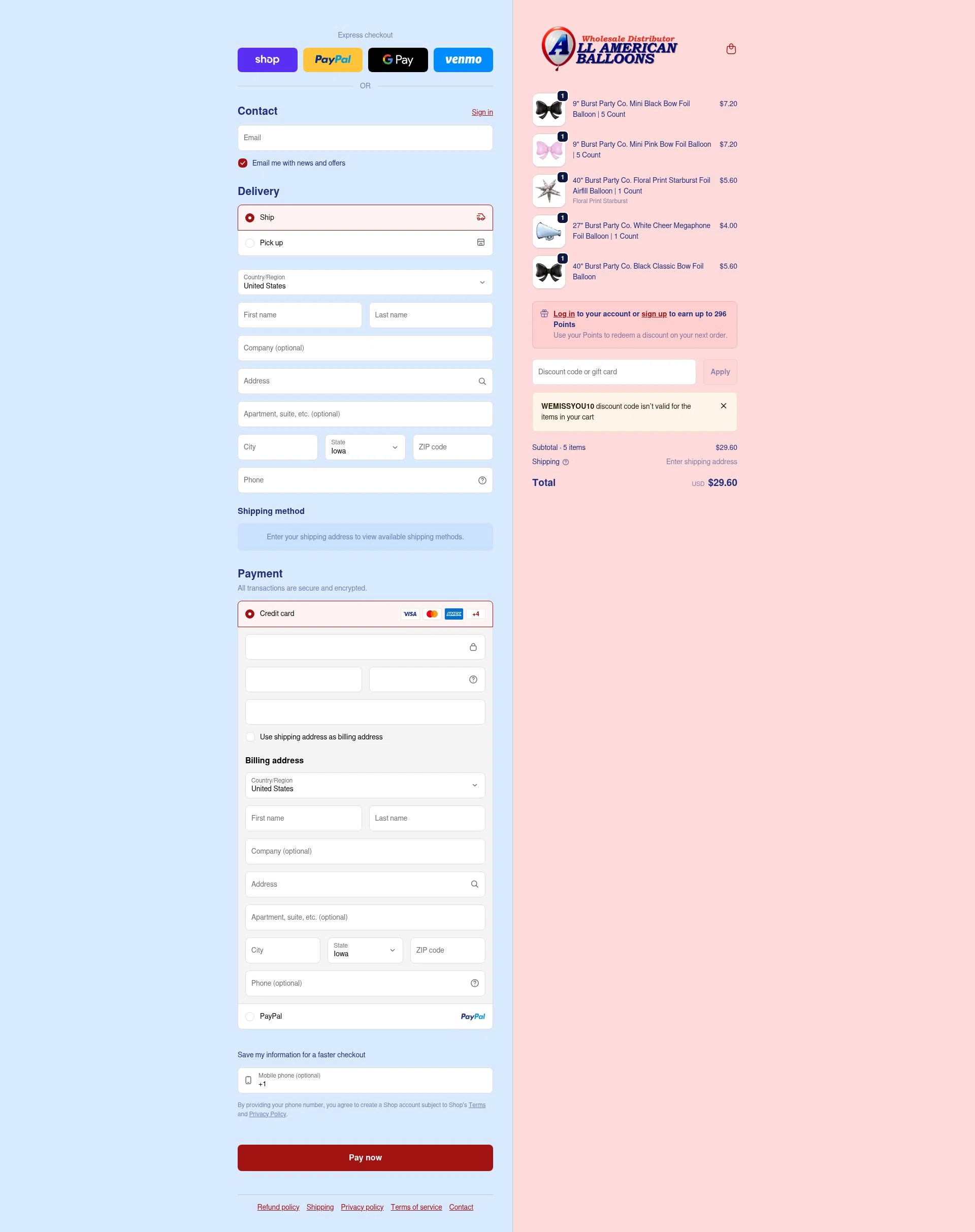 All American Balloons checkout page showing All American Balloons discount code box | Screenshot taken by SimplyCodes community member on Feb 10, 2026