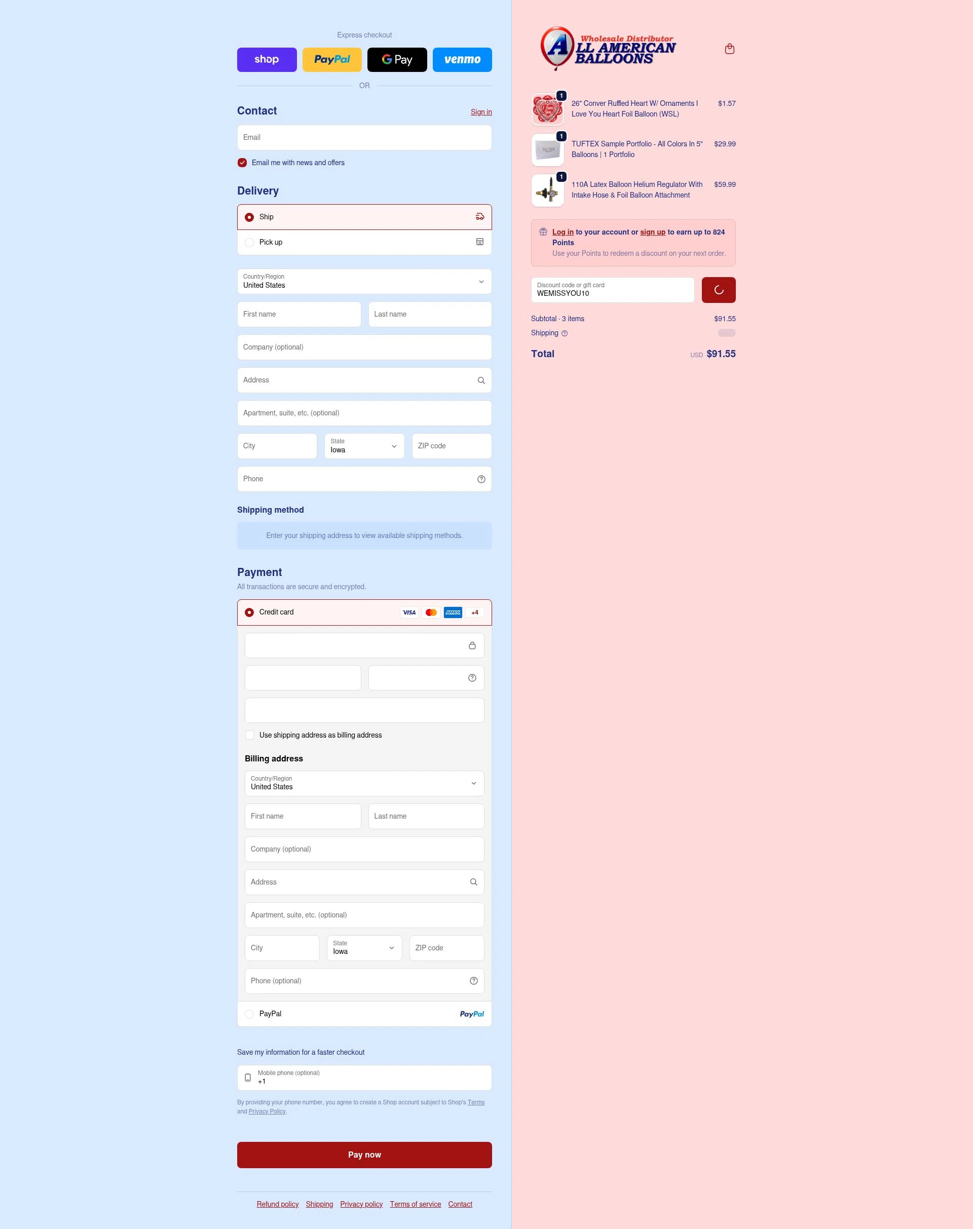 All American Balloons checkout page showing All American Balloons discount code box | Screenshot taken by SimplyCodes community member on Feb 6, 2026