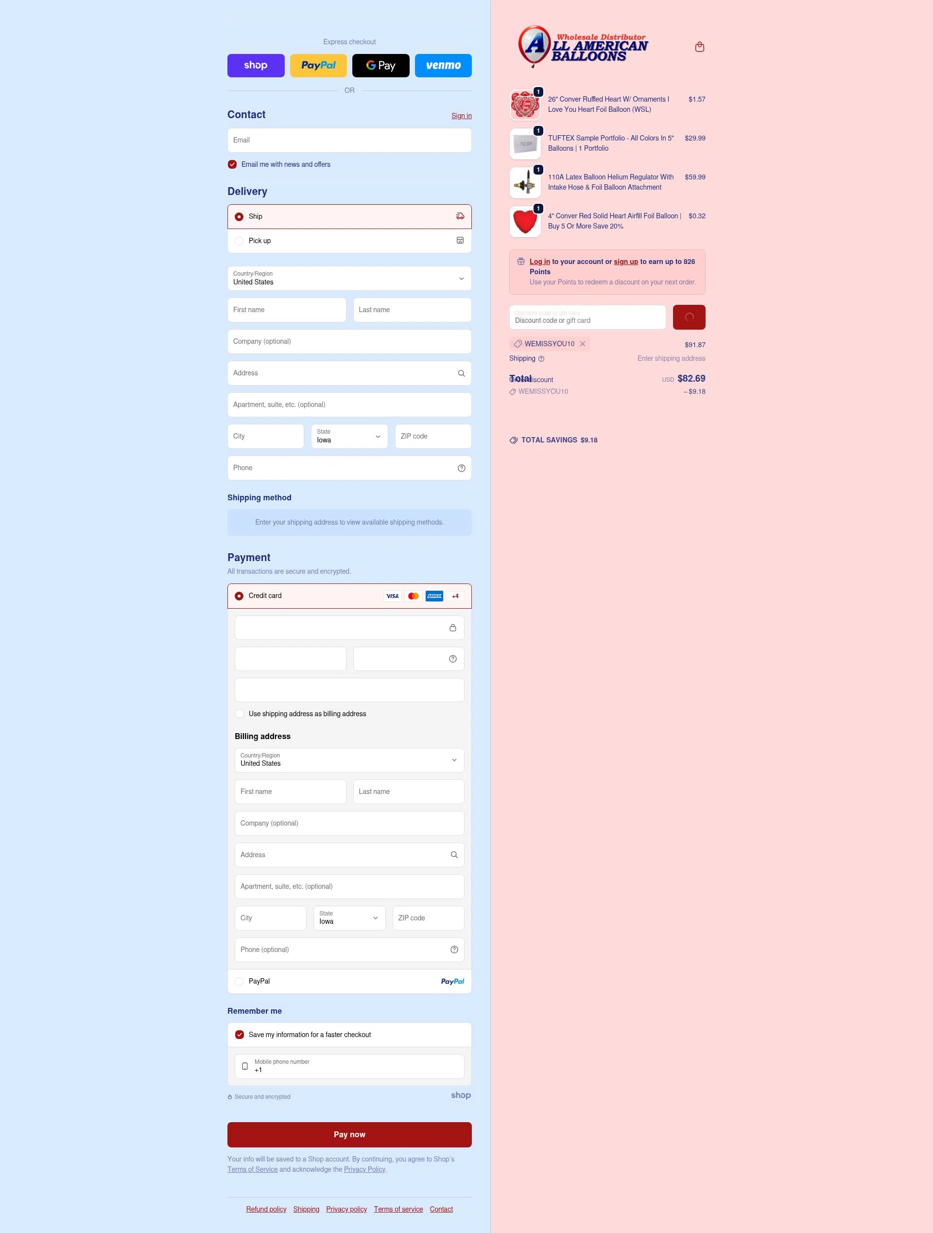 All American Balloons checkout page showing All American Balloons discount code box | Screenshot taken by SimplyCodes community member on Jan 28, 2026