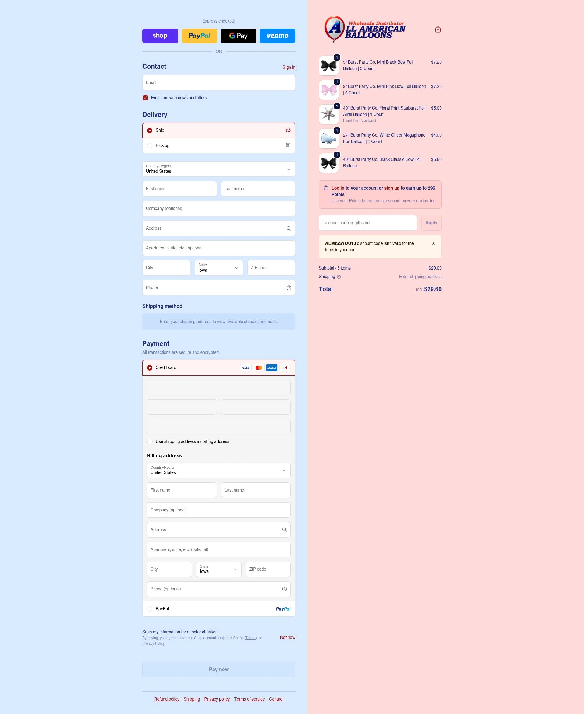 All American Balloons checkout page showing All American Balloons discount code box | Screenshot taken by SimplyCodes community member on Feb 14, 2026