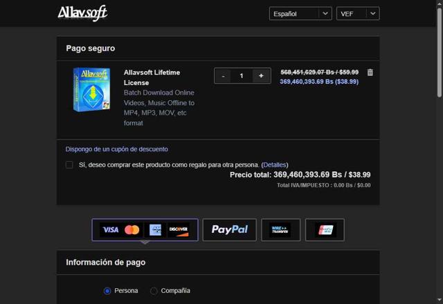 Allavsoft checkout page showing Allavsoft coupon code box | Screenshot taken by SimplyCodes community member on May 22, 2025
