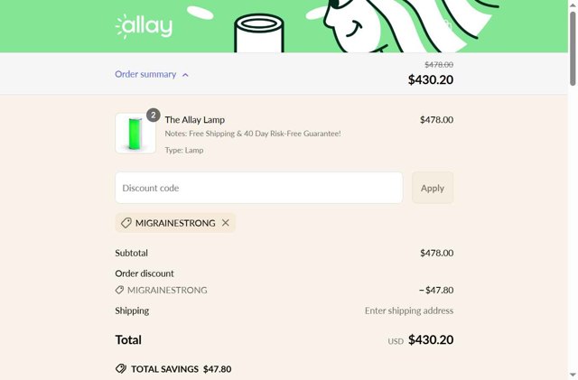 Allay Lamp checkout page showing Allay Lamp discount code box | Screenshot taken by SimplyCodes community member on Jun 7, 2025