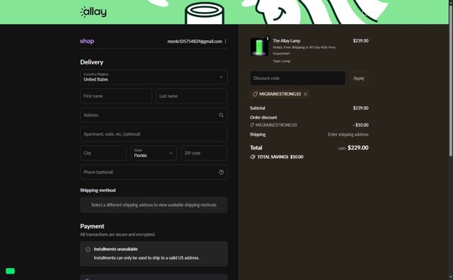Allay Lamp checkout page showing Allay Lamp discount code box | Screenshot taken by SimplyCodes community member on Sep 2, 2025