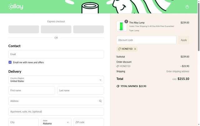 Allay Lamp checkout page showing Allay Lamp discount code box | Screenshot taken by SimplyCodes community member on Jun 4, 2025