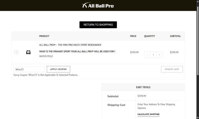 All Ball Pro checkout page showing All Ball Pro discount code box | Screenshot taken by SimplyCodes community member on Aug 11, 2025
