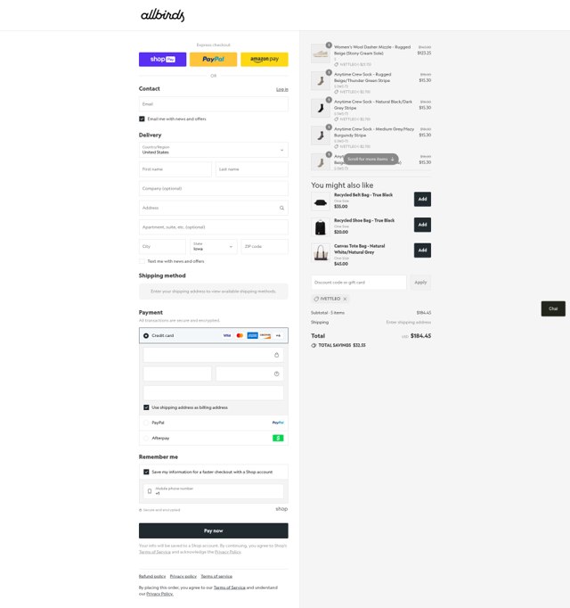 Allbirds checkout page showing Allbirds discount code box | Screenshot taken by SimplyCodes community member on Aug 28, 2025
