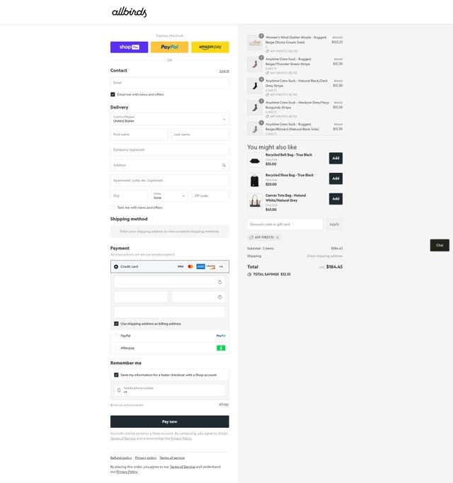 Allbirds checkout page showing Allbirds discount code box | Screenshot taken by SimplyCodes community member on Aug 26, 2025