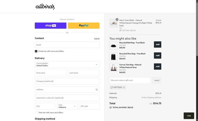 Allbirds checkout page showing Allbirds discount code box | Screenshot taken by SimplyCodes community member on Aug 27, 2025