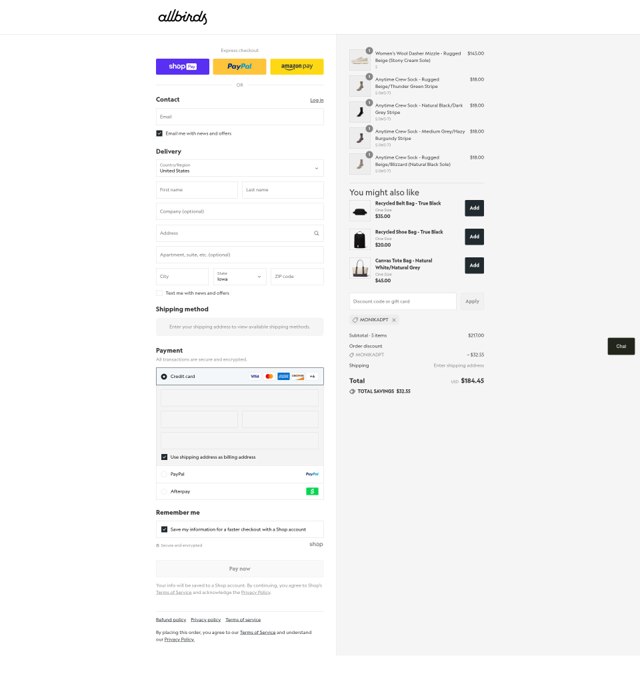 Allbirds checkout page showing Allbirds discount code box | Screenshot taken by SimplyCodes community member on Aug 26, 2025