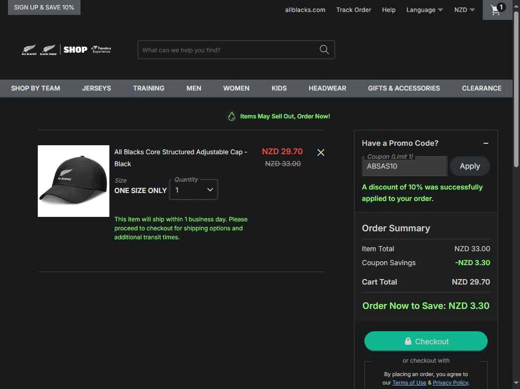 All Blacks Online Store checkout page showing All Blacks Online Store promo code box | Screenshot taken by SimplyCodes community member on Oct 6, 2025