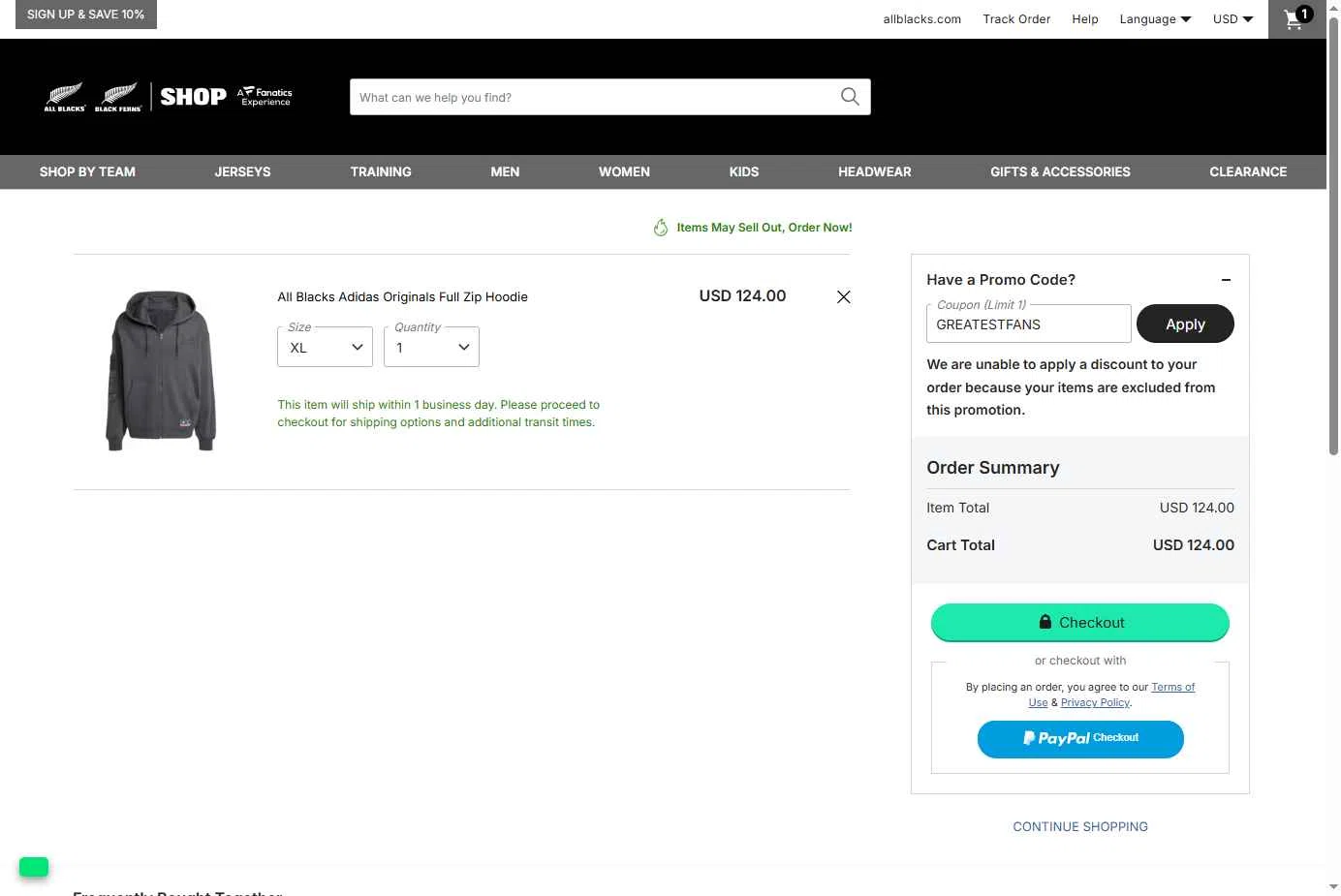All Blacks Online Store checkout page showing All Blacks Online Store promo code box | Screenshot taken by SimplyCodes community member on Nov 10, 2025