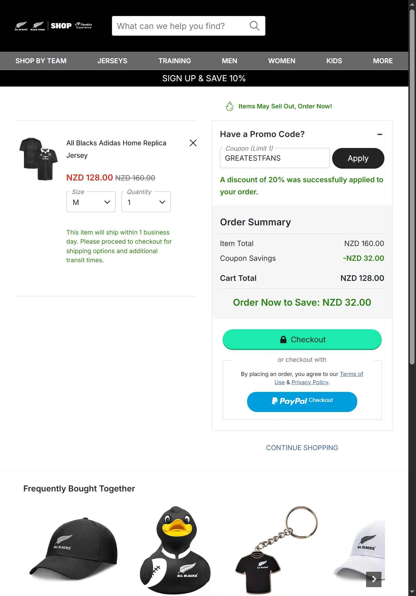 All Blacks Online Store checkout page showing All Blacks Online Store promo code box | Screenshot taken by SimplyCodes community member on Nov 10, 2025