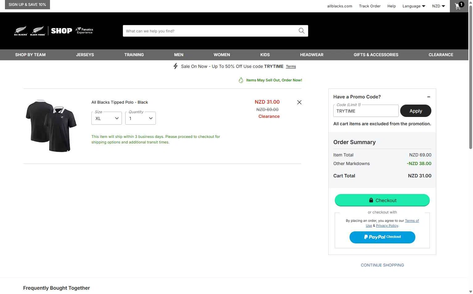 All Blacks Online Store checkout page showing All Blacks Online Store promo code box | Screenshot taken by SimplyCodes community member on Dec 28, 2025