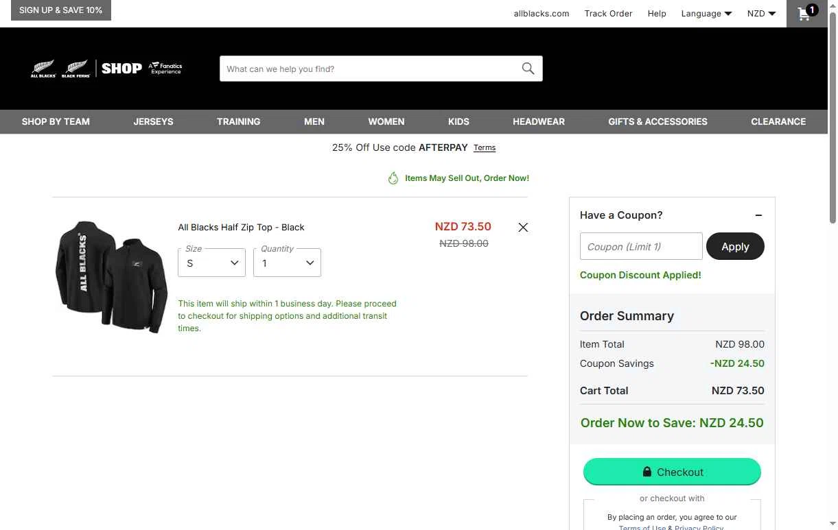 All Blacks Online Store checkout page showing All Blacks Online Store promo code box | Screenshot taken by SimplyCodes community member on Aug 14, 2025
