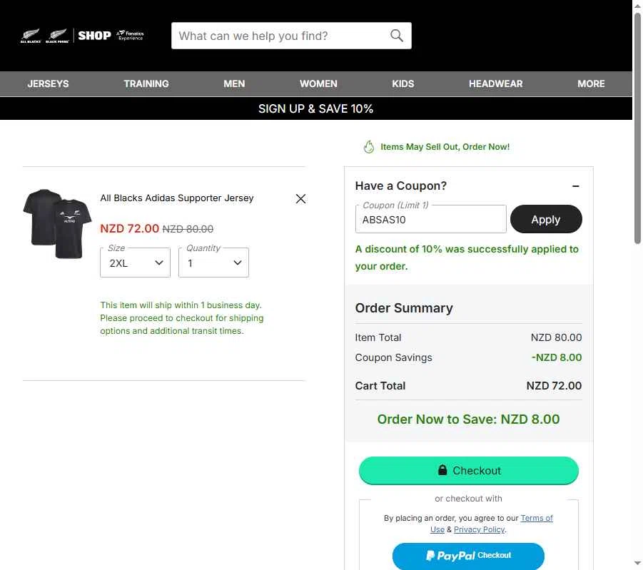 All Blacks Online Store checkout page showing All Blacks Online Store promo code box | Screenshot taken by SimplyCodes community member on Jul 17, 2025