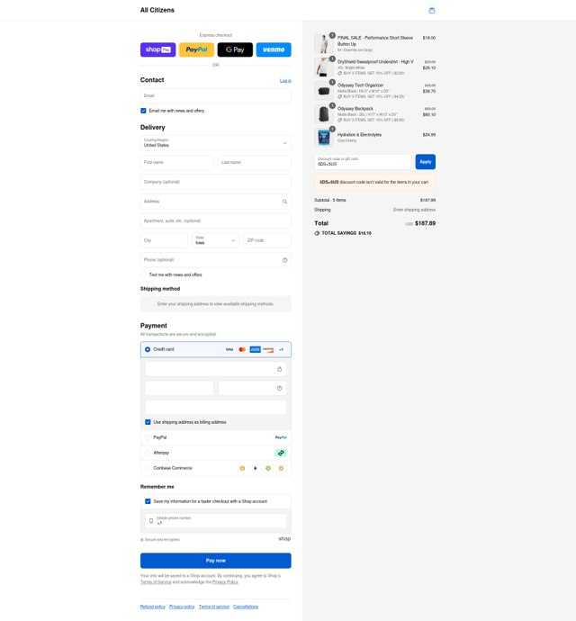 All Citizens checkout page showing All Citizens discount code box | Screenshot taken by SimplyCodes community member on Aug 20, 2025