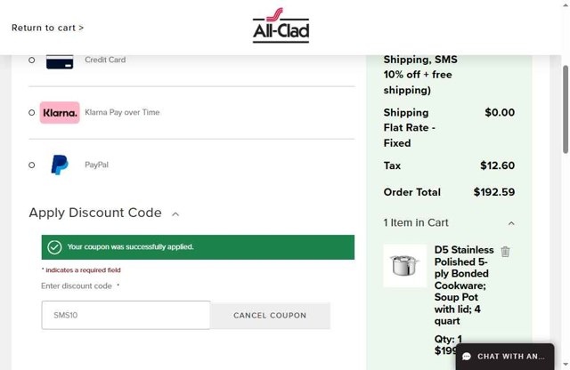 All-Clad checkout page showing All-Clad promo code box | Screenshot taken by SimplyCodes community member on Jul 2, 2025