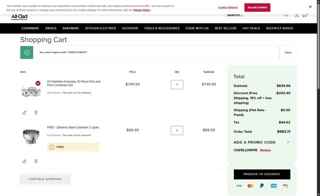 All-Clad checkout page showing All-Clad promo code box | Screenshot taken by SimplyCodes community member on Aug 17, 2025