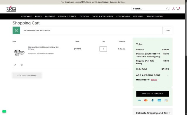 All-Clad checkout page showing All-Clad promo code box | Screenshot taken by SimplyCodes community member on Jul 26, 2025