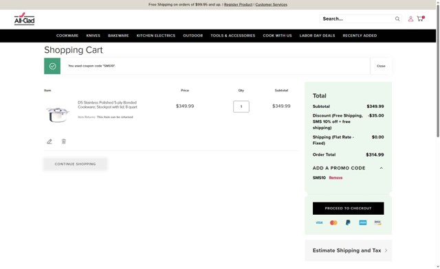 All-Clad checkout page showing All-Clad promo code box | Screenshot taken by SimplyCodes community member on Aug 31, 2025