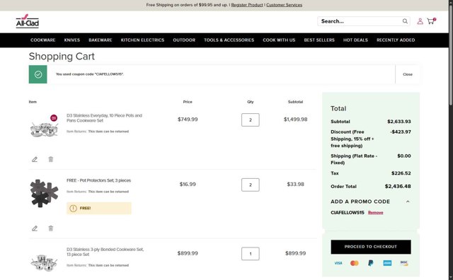 All-Clad checkout page showing All-Clad promo code box | Screenshot taken by SimplyCodes community member on Aug 8, 2025