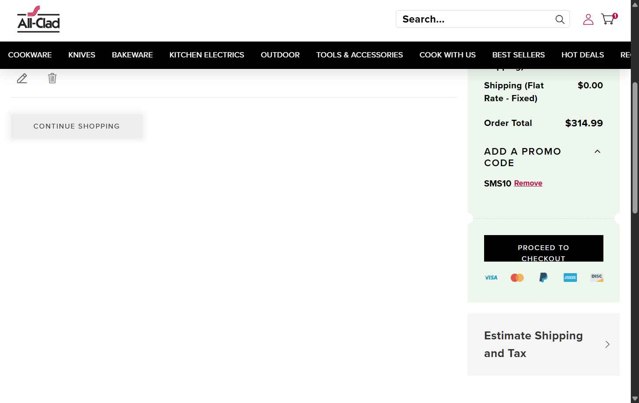 All-Clad checkout page showing All-Clad promo code box | Screenshot taken by SimplyCodes community member on Aug 8, 2025