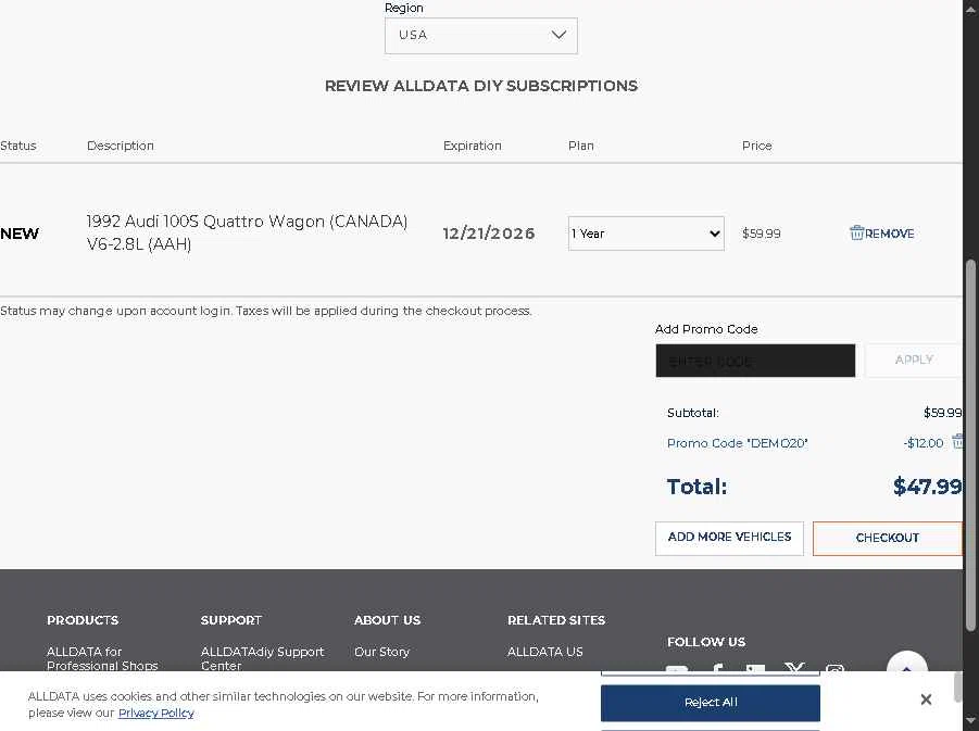 ALLDATA DIY checkout page showing ALLDATA DIY promo code box | Screenshot taken by SimplyCodes community member on Dec 21, 2025