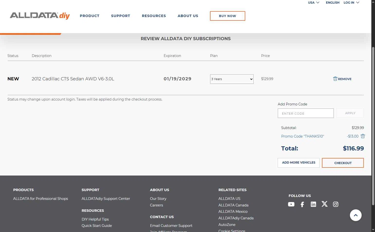 ALLDATA DIY checkout page showing ALLDATA DIY promo code box | Screenshot taken by SimplyCodes community member on Jan 19, 2026