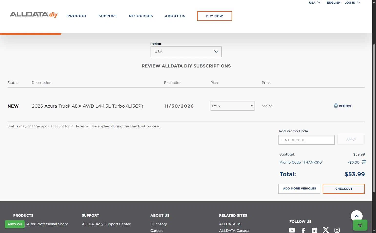 ALLDATA DIY checkout page showing ALLDATA DIY promo code box | Screenshot taken by SimplyCodes community member on Nov 30, 2025