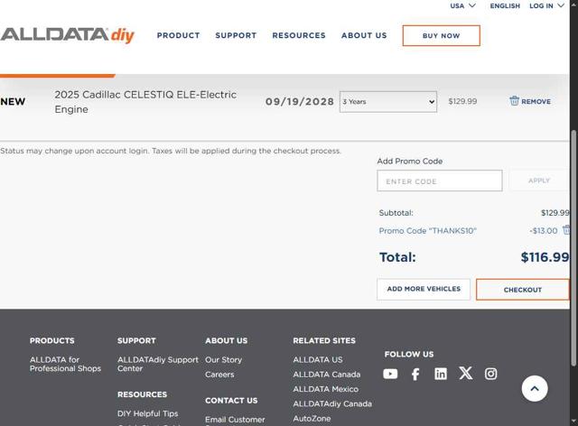 ALLDATA DIY checkout page showing ALLDATA DIY promo code box | Screenshot taken by SimplyCodes community member on Sep 19, 2025