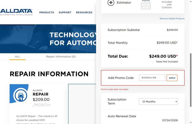 ALLDATA DIY checkout page showing ALLDATA DIY promo code box | Screenshot taken by SimplyCodes community member on Jul 24, 2025
