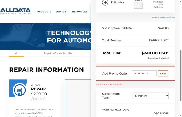 ALLDATA DIY checkout page showing ALLDATA DIY promo code box | Screenshot taken by SimplyCodes community member on Jul 24, 2025