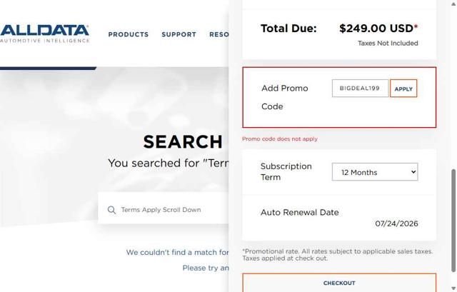 ALLDATA DIY checkout page showing ALLDATA DIY promo code box | Screenshot taken by SimplyCodes community member on Jul 24, 2025