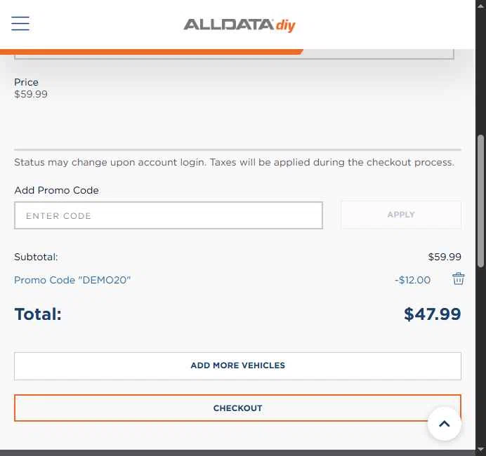 ALLDATA DIY checkout page showing ALLDATA DIY promo code box | Screenshot taken by SimplyCodes community member on Oct 24, 2025