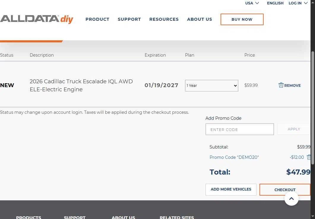 ALLDATA DIY checkout page showing ALLDATA DIY promo code box | Screenshot taken by SimplyCodes community member on Jan 19, 2026