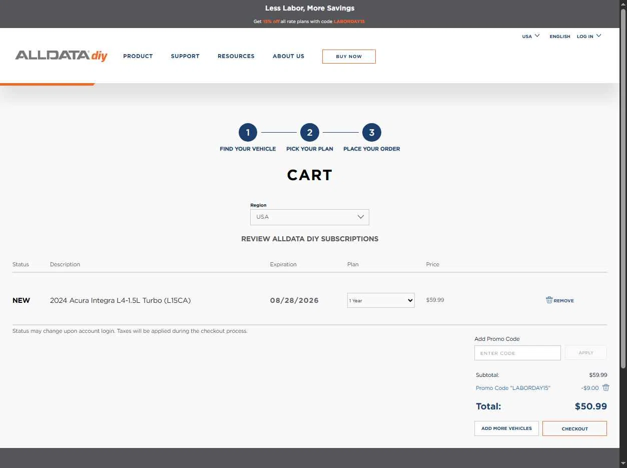 ALLDATA DIY checkout page showing ALLDATA DIY promo code box | Screenshot taken by SimplyCodes community member on Aug 28, 2025