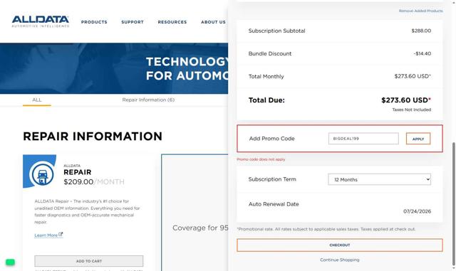 ALLDATA DIY checkout page showing ALLDATA DIY promo code box | Screenshot taken by SimplyCodes community member on Jul 24, 2025