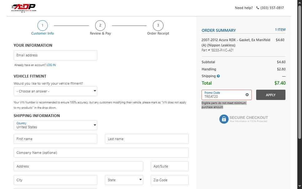 AllDiscountParts.com checkout page showing AllDiscountParts.com promo code box | Screenshot taken by SimplyCodes community member on Oct 27, 2025