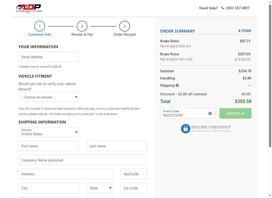 AllDiscountParts.com checkout page showing AllDiscountParts.com promo code box | Screenshot taken by SimplyCodes community member on Jan 18, 2026