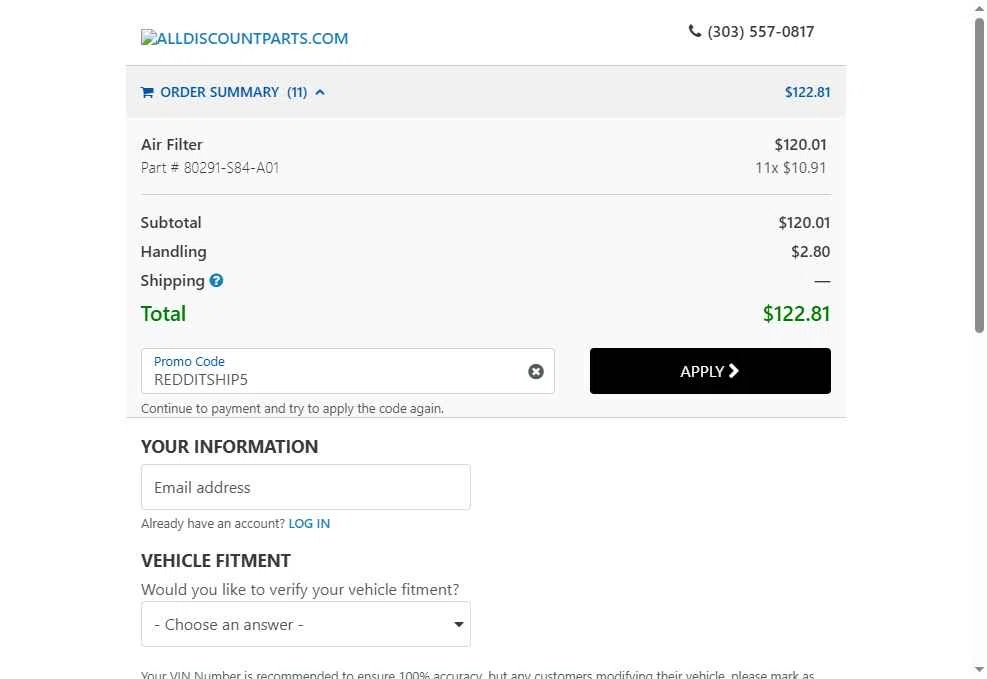 AllDiscountParts.com checkout page showing AllDiscountParts.com promo code box | Screenshot taken by SimplyCodes community member on Jan 18, 2026