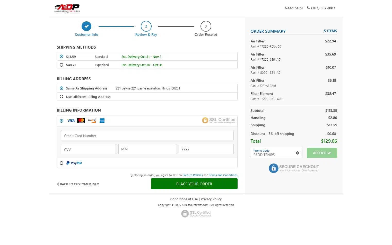 AllDiscountParts.com checkout page showing AllDiscountParts.com promo code box | Screenshot taken by SimplyCodes community member on Oct 23, 2025