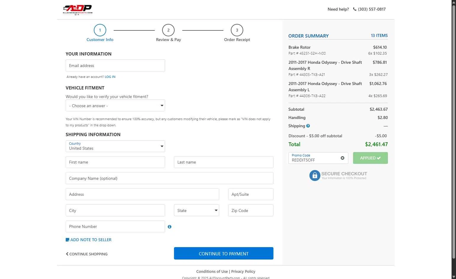 AllDiscountParts.com checkout page showing AllDiscountParts.com promo code box | Screenshot taken by SimplyCodes community member on Dec 20, 2025