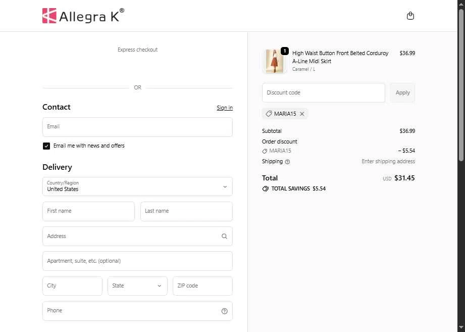 Allegra K checkout page showing Allegra K coupon code box | Screenshot taken by SimplyCodes community member on Feb 17, 2026