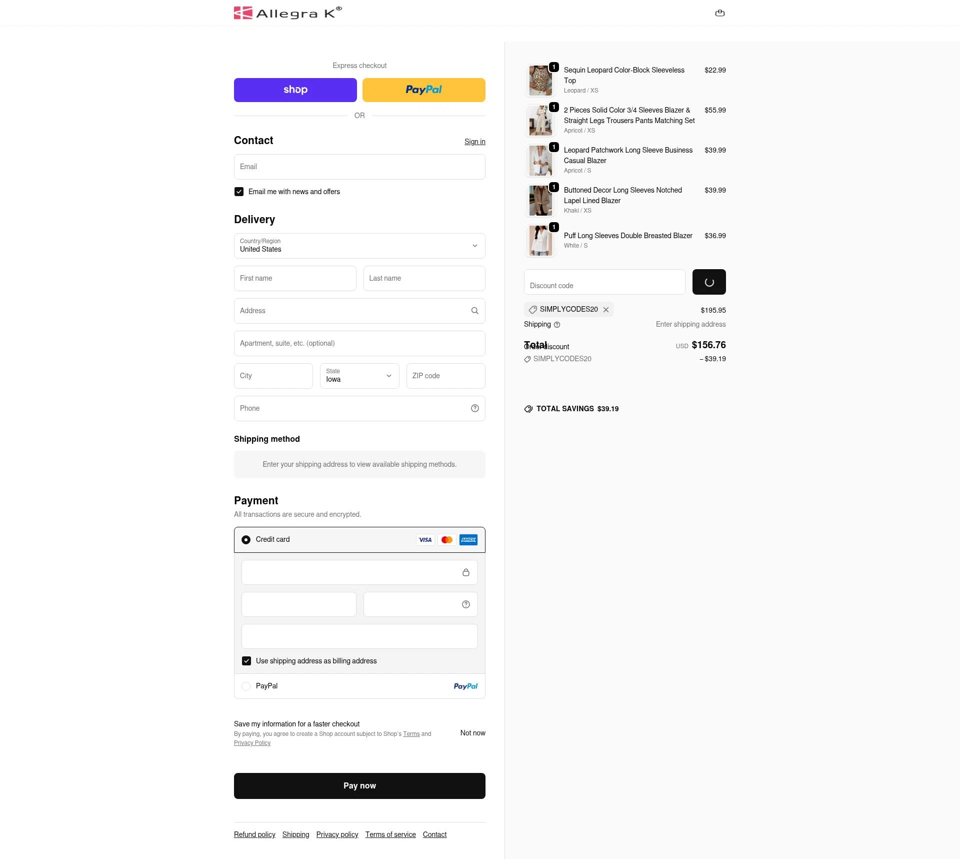 Allegra K checkout page showing Allegra K coupon code box | Screenshot taken by SimplyCodes community member on Feb 17, 2026